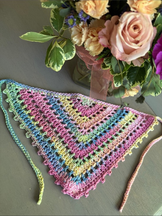 Jazzy’s Gems Accessories - Handmade Crocheted Bandana Hair Scarf Kerchief in Pastel Rainbow 100% Cotton
